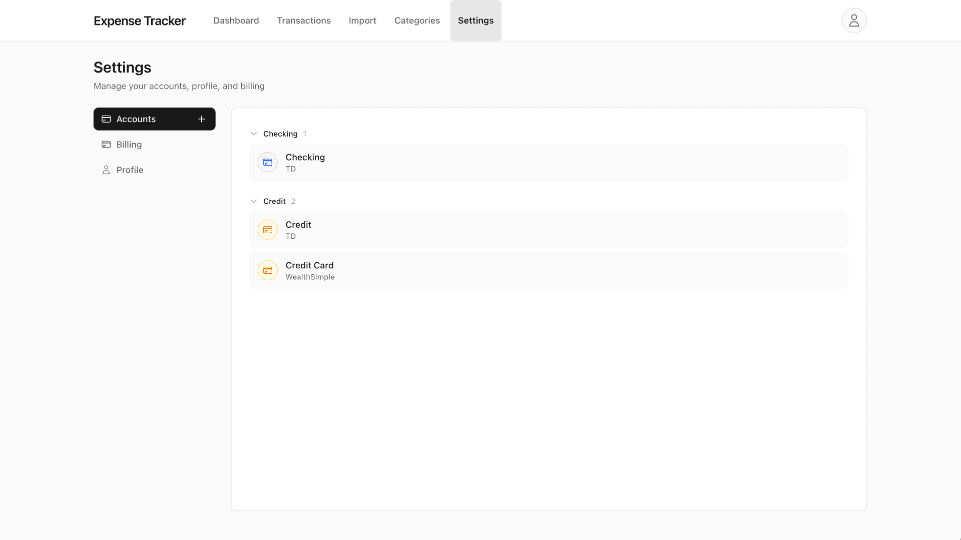 Accounts management page