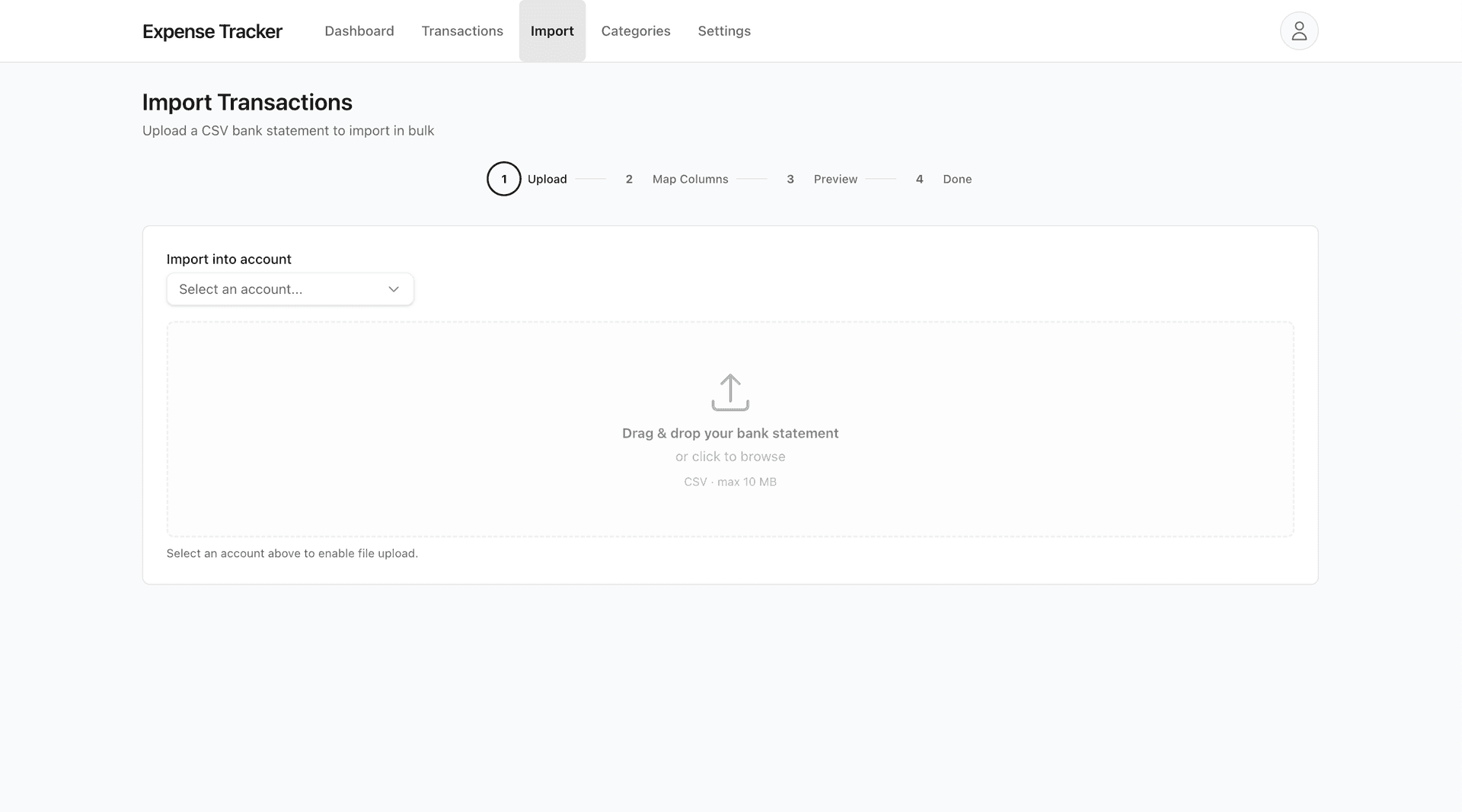 Import page showing file upload area