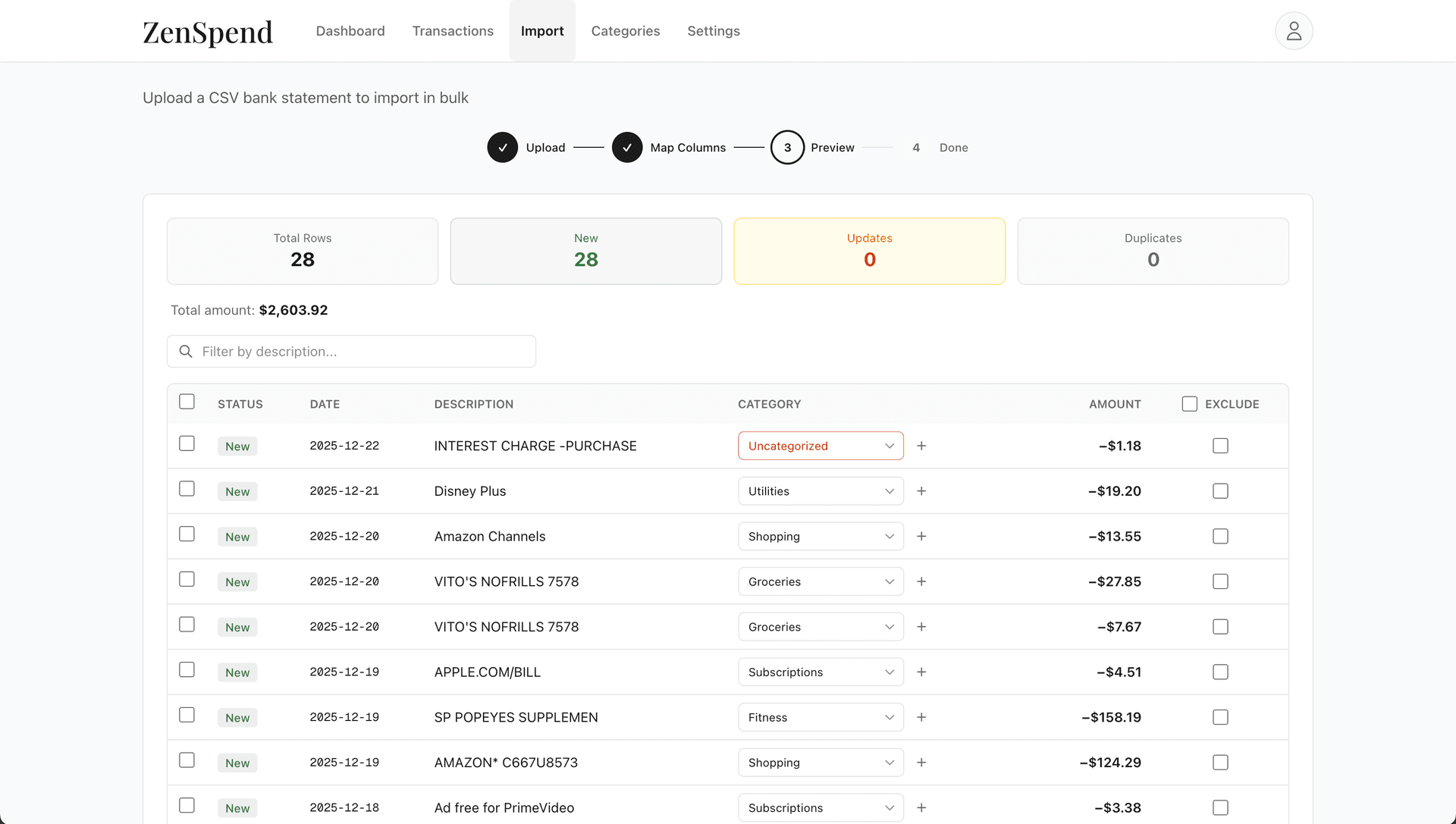 Import preview showing transactions with categories